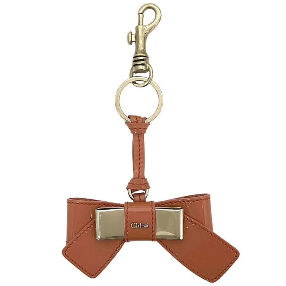 Chloe Keychain Beige Ribbon Charm Leather Bag Keyring Tan Gold